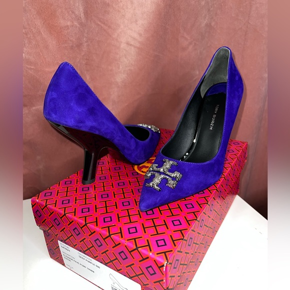 $428 Tory Burch ELEANOR PAVÉ PUMP Shoes Heel Suede Deep Purple US 7M - Picture 2 of 12